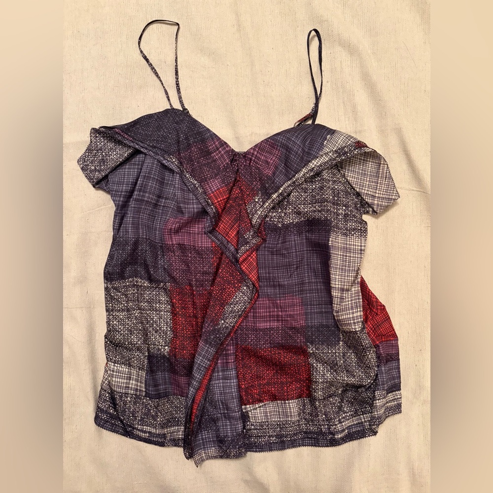 BCBGMaxAzria Purple and Red Patchwork Ruffle Cami